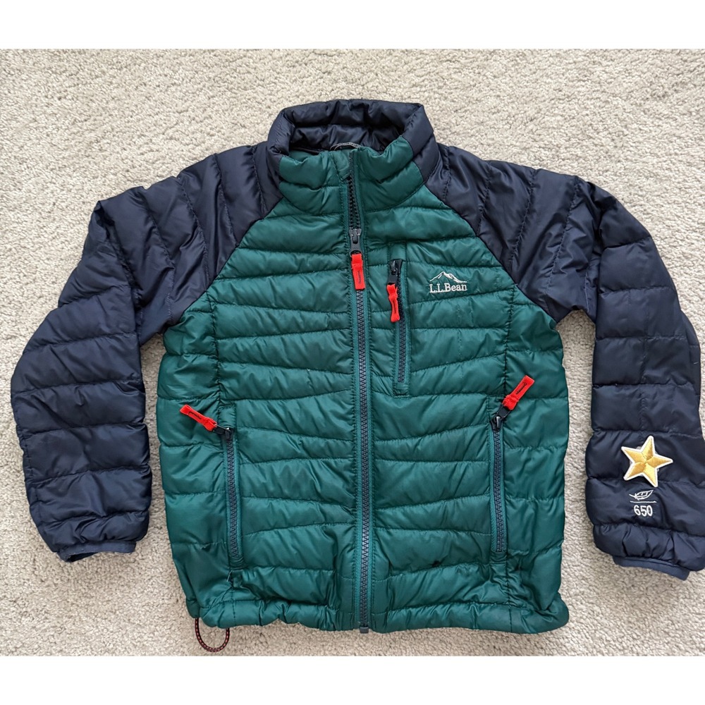 LL Bean Kids Ultralight 650 Down Jacket Green Navy Blue DownTek Puffer Size S 4